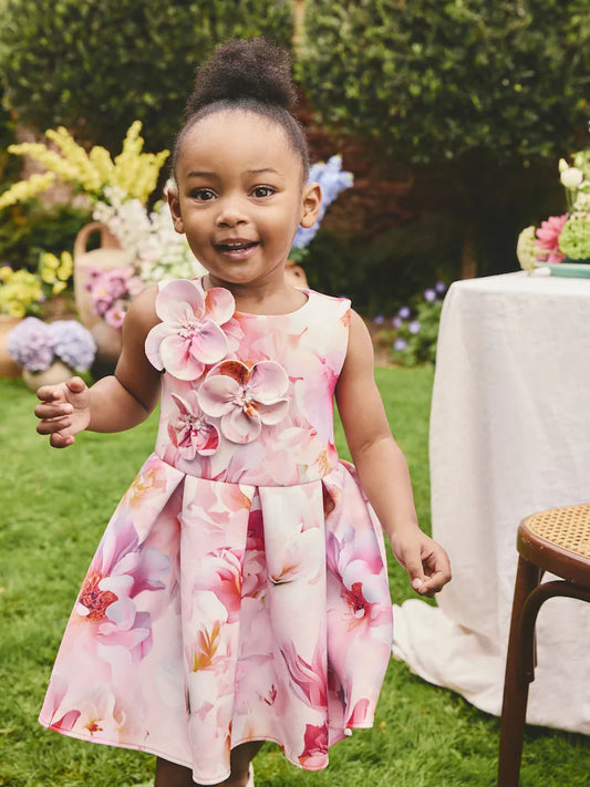 Robe fleurie rose pour bébé fille avec appliqués floraux 3D (3 mois-7 ans)