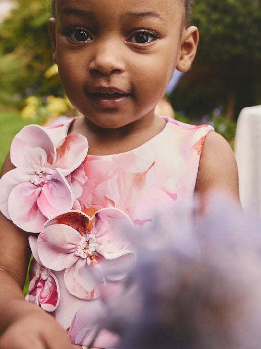 Robe fleurie rose pour bébé fille avec appliqués floraux 3D (3 mois-7 ans)