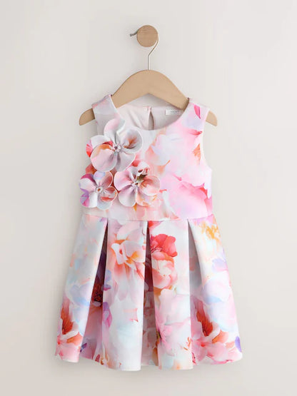Robe fleurie rose pour bébé fille avec appliqués floraux 3D (3 mois-7 ans)