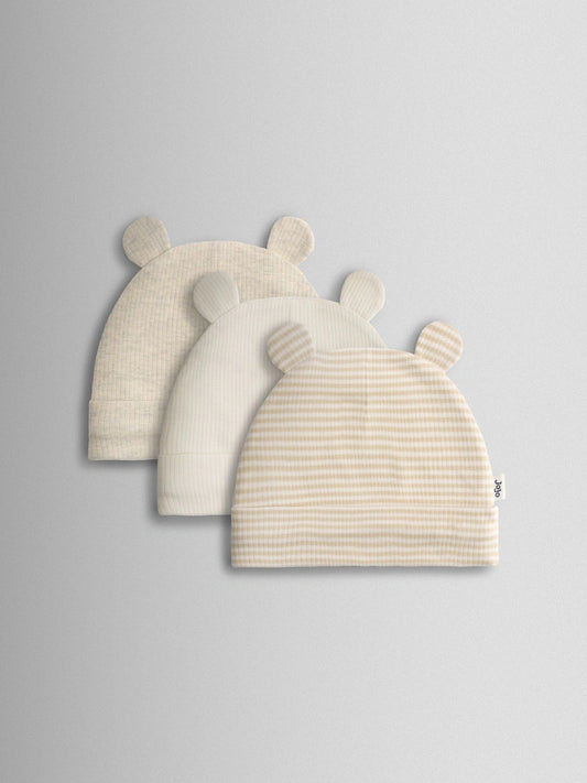 Lot de 3 bonnets bébé à oreilles en maille côtelée beige