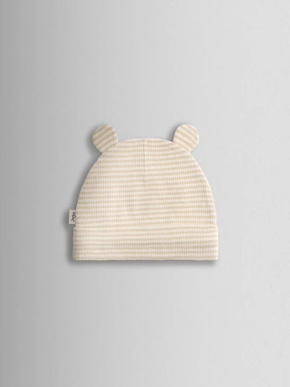 Lot de 3 bonnets bébé à oreilles en maille côtelée beige