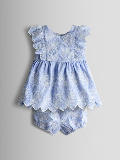 Ensemble bébé bleu ciel en dentelle avec bloomer assorti