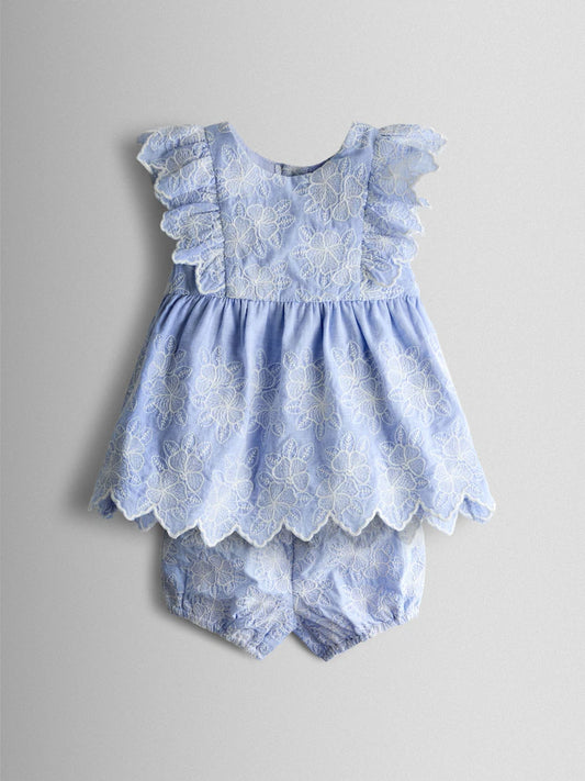 Ensemble bébé bleu ciel en dentelle avec bloomer assorti