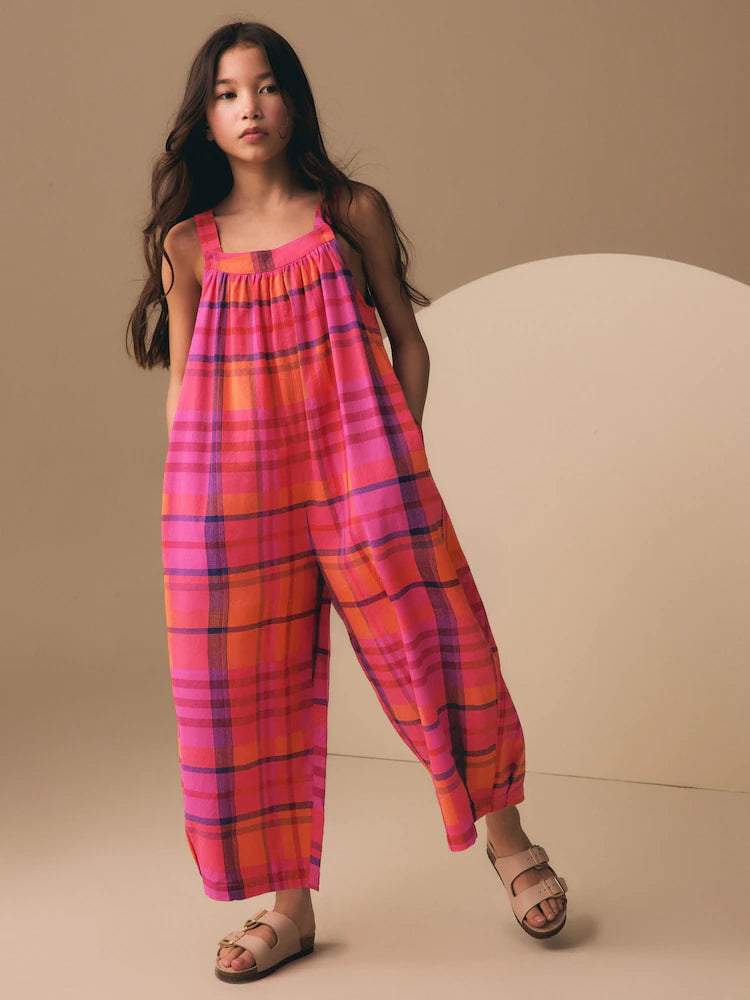 Combinaison large enfant à carreaux rose et orange (3-16 ans)