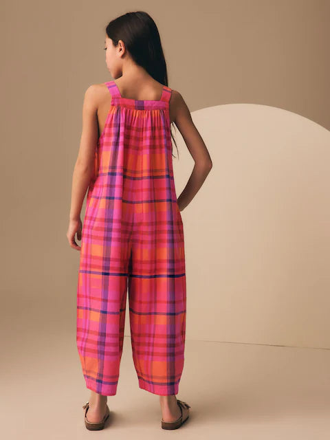 Combinaison large enfant à carreaux rose et orange (3-16 ans)