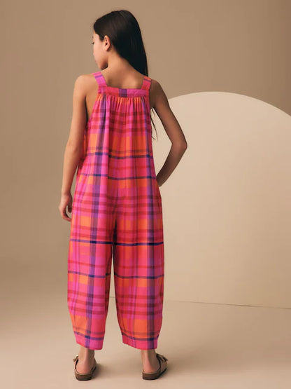 Combinaison large enfant à carreaux rose et orange (3-16 ans)