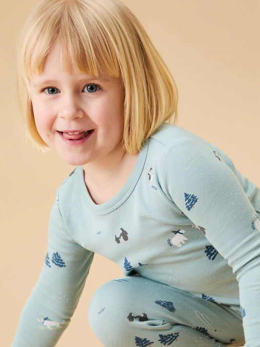 Pyjama bébé et enfant vert d’eau imprimé motifs animaux