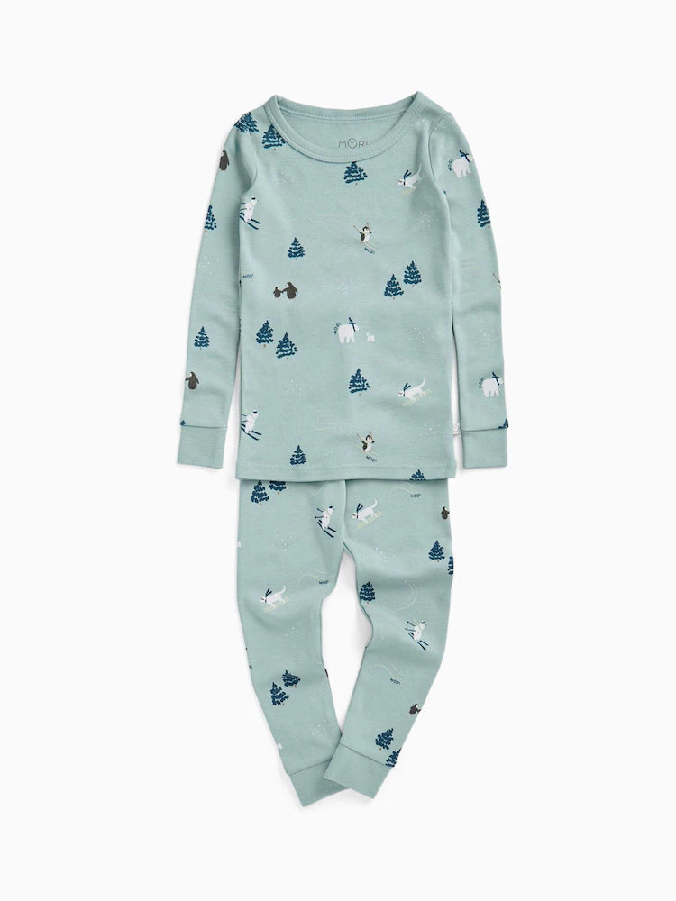 Pyjama bébé et enfant vert d’eau imprimé motifs animaux