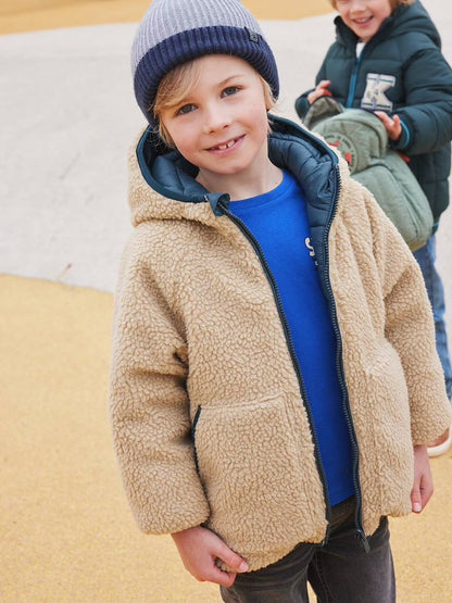 Doudoune réversible à capuche et doublure sherpa pour garçon - vert pin