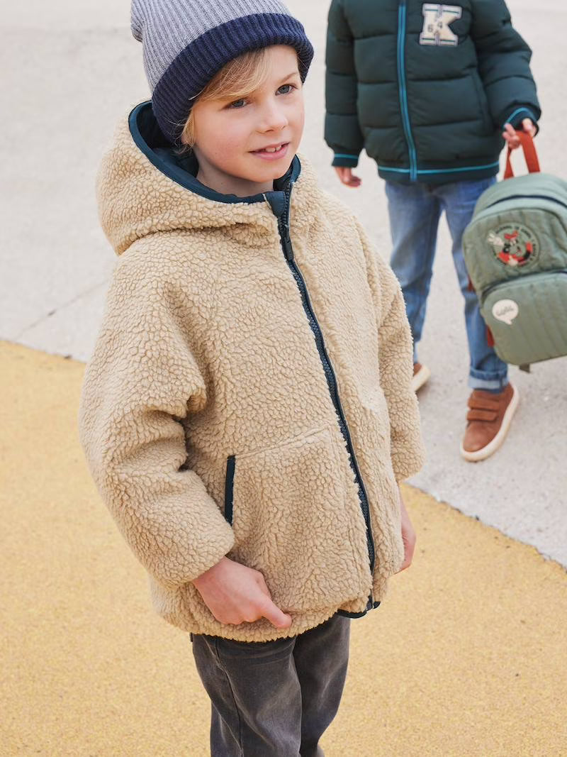 Doudoune réversible à capuche et doublure sherpa pour garçon - vert pin