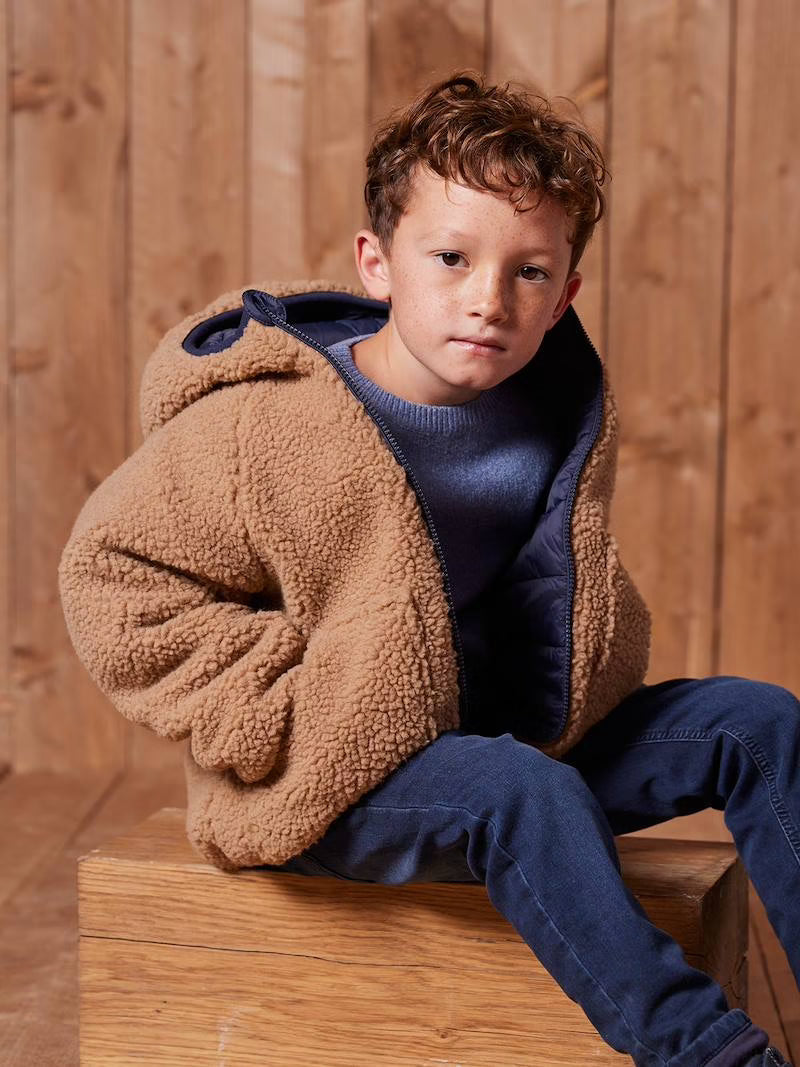 Doudoune réversible à capuche doublée en sherpa pour garçon - moka