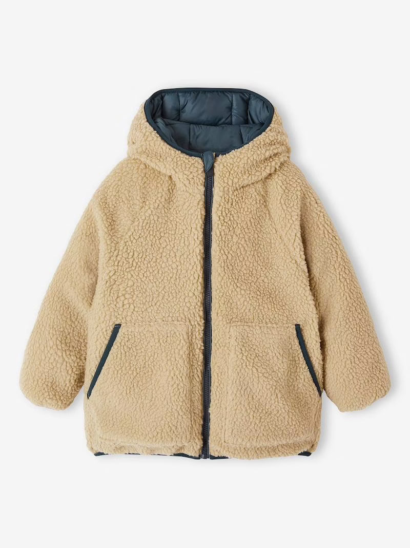 Doudoune réversible à capuche et doublure sherpa pour garçon - vert pin