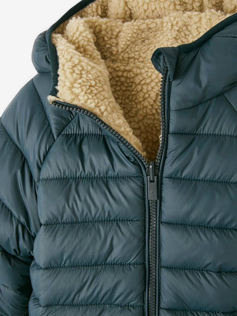 Doudoune réversible à capuche et doublure sherpa pour garçon - vert pin