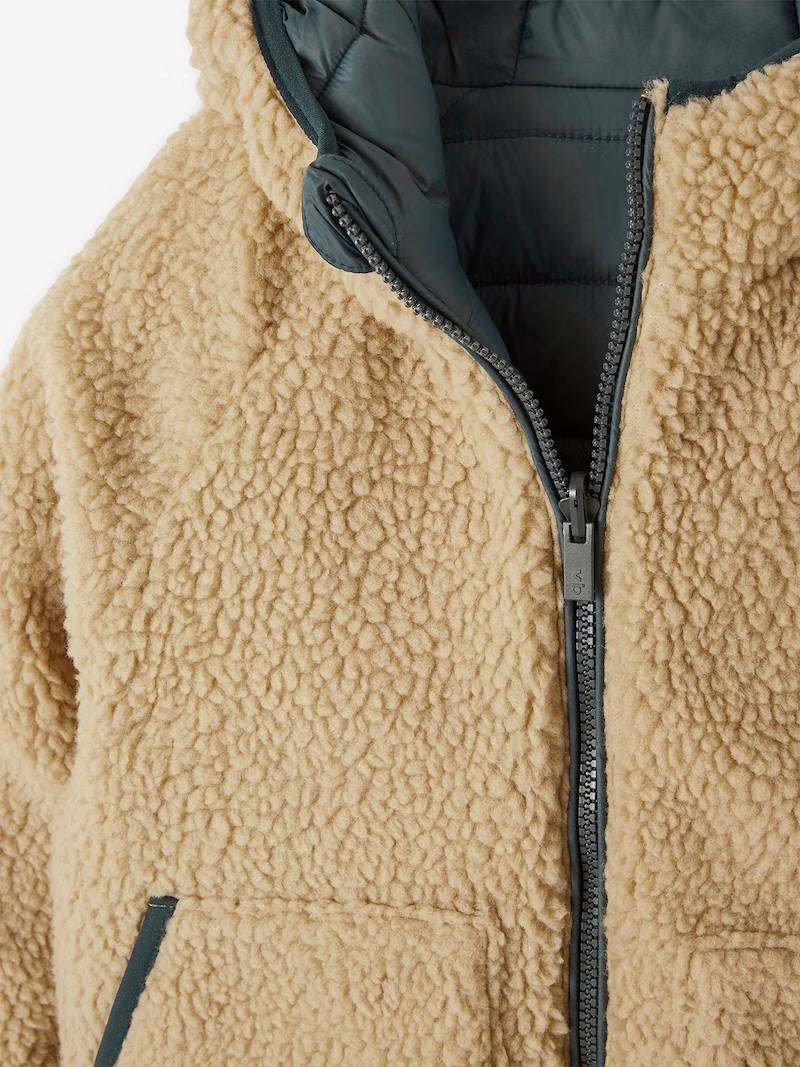 Doudoune réversible à capuche et doublure sherpa pour garçon - vert pin