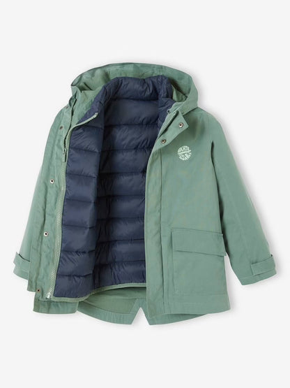 Parka 3 en 1 mi-saison avec gilet matelassé amovible pour garçon - vert saule