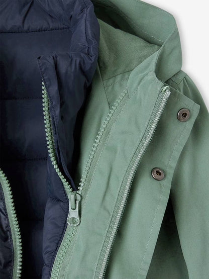 Parka 3 en 1 mi-saison avec gilet matelassé amovible pour garçon - vert saule